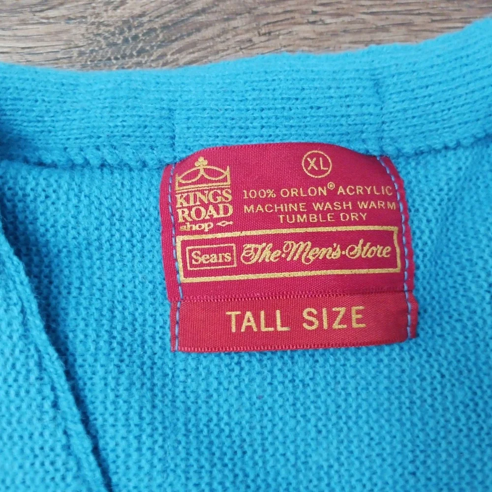 Vintage Sears Kings Road Shop Blue Orlon Acrylic Cardigan Sweater Mens XL Tall
